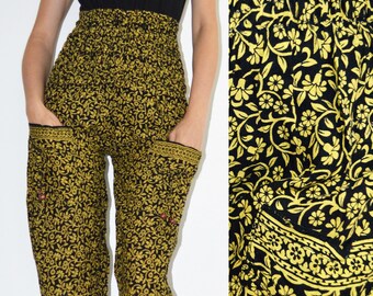 Pantalon vintage indien taille super haute à motif floral jaune / sarouel indien vintage à taille froncée / pantalon bohème en coton léger