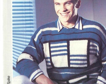 1980'S Vintage Knitting pattern Men's three colour striped design sweater jumper PDF Download pattern only