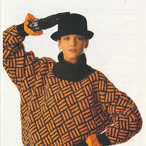 1980&#39;S Vintage Knitting pattern loose fitting mosaic sweater jumper PDF Download pattern only