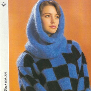 1980&#39;S Vintage Knitting pattern black and blue sweater and cowl PDF Download pattern only