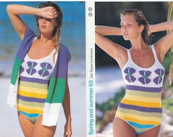 1980'S Vintage Knitting pattern stylish Beach wrap and Swimsuit one piece swimwear PDF Download pattern only