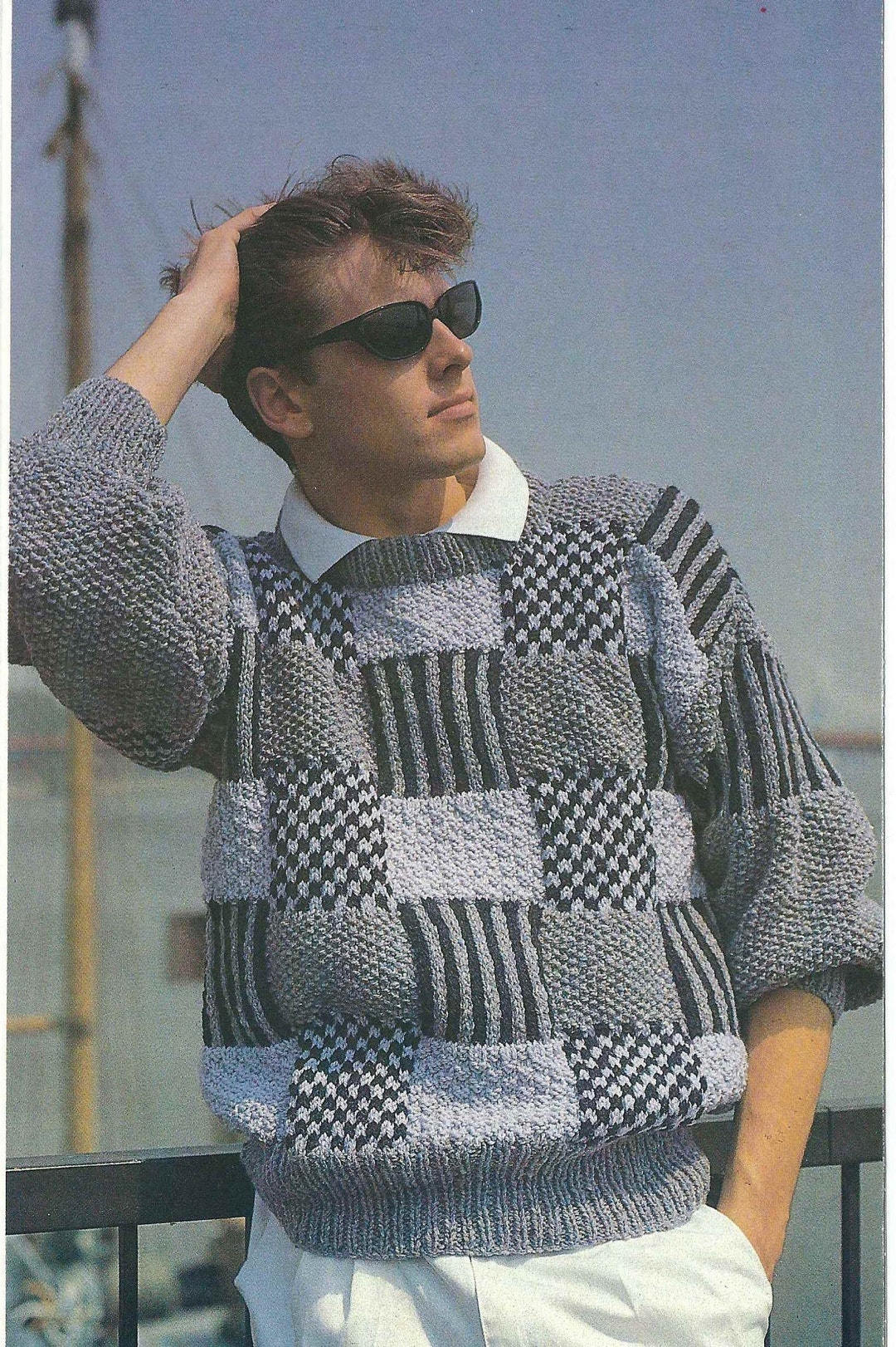 1980'S Vintage Knitting Pattern Men's Textured Patchwork 1980'S Vintage Knitting Pattern Men's Textured Patchwork