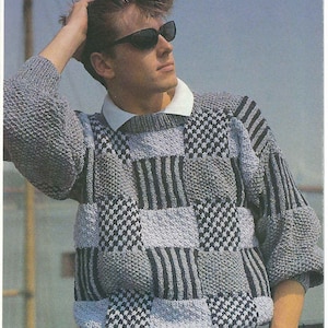 1980&#39;S Vintage Knitting pattern Men&#39;s textured patchwork design sweater jumper PDF Download pattern only
