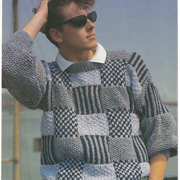 Modèle de tricot vintage des années 1980 Pull pull design patchwork texturé pour homme PDF Télécharger le modèle uniquement