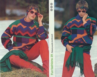 1980'S Vintage Knitting pattern colourful intarsia design sweater jumper PDF Download pattern only
