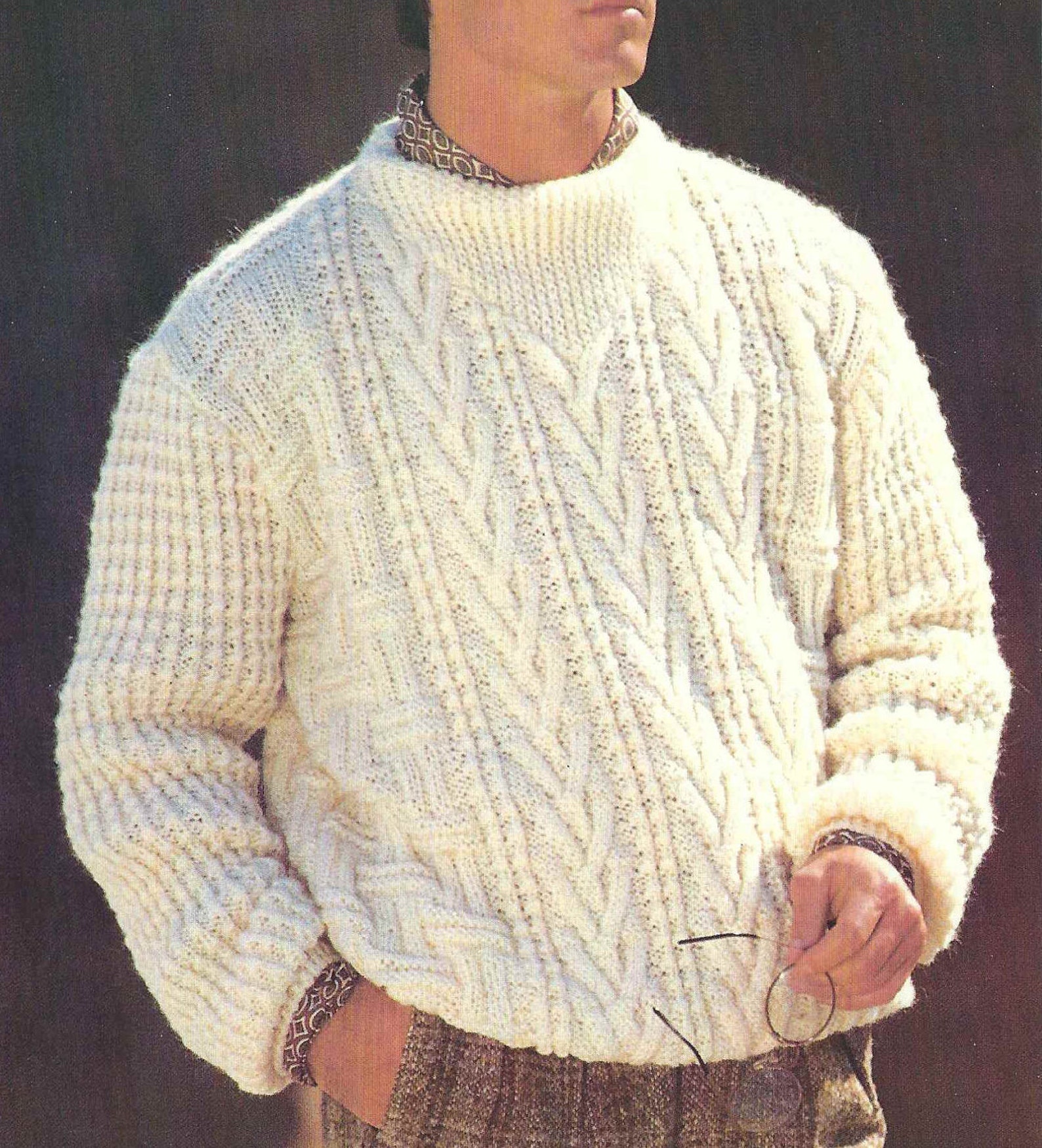 1980'S Vintage Knitting Pattern Men's Classic Aran Sweater With Unusual ...