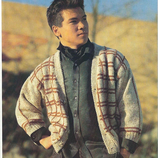 1980'S Vintage Knitting pattern Men's checked cardigan jacket PDF Download pattern only