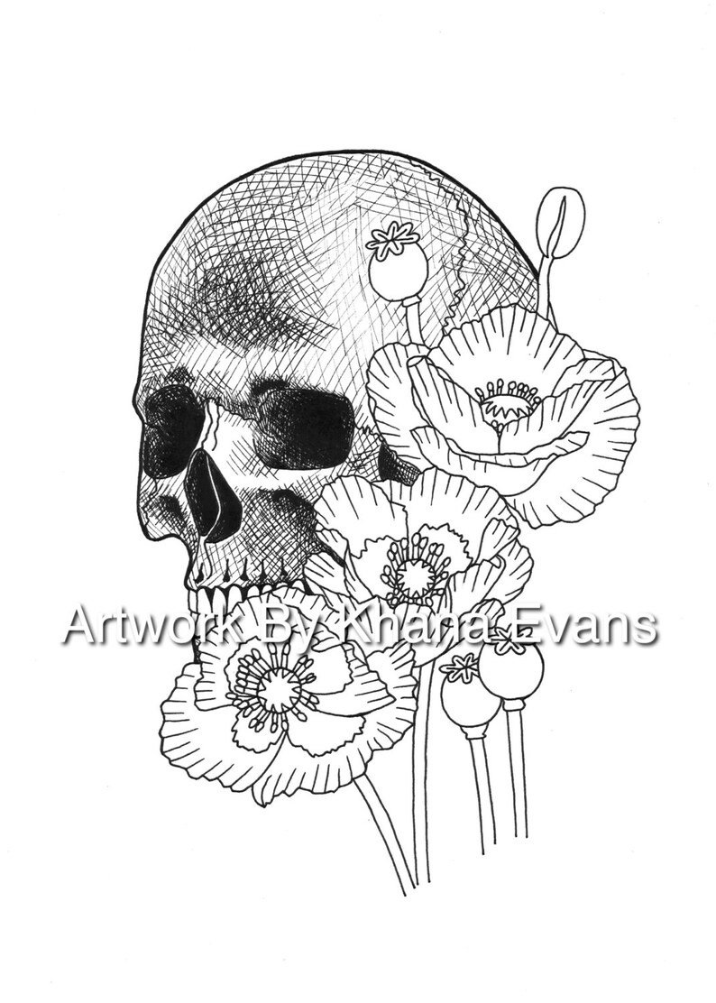 Download Skull and Poppy Tattoo Design PDF A4 Printout Colouring ...