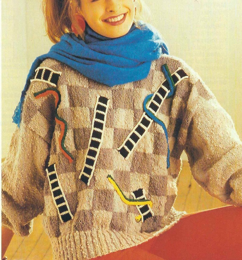 1980'S Vintage Knitting Pattern Snakes and Ladders Sweater Jumper PDF