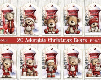 Adorable, Christmas Whimsical 20 x Christmas Bears Gift Tags, Presents, Scrapbooking & Journaling