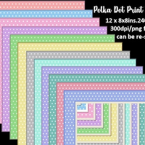 May include: A collection of square frames featuring a white polka dot pattern on various pastel backgrounds including pink, blue, green, yellow, and purple. The text reads: Polka Dot Print Frames, 12 x 8x8ins. 2400x2400, 300dpi/png format, can be re-sized.