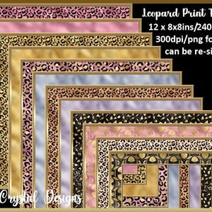 Può includere: Una collezione di cornici digitali con stampa leopardata in vari colori, tra cui rosa, oro, nero e lavanda. Ogni cornice misura 20 x 20 cm e presenta un bordo dorato. L'immagine include il testo "Leopard Print Frames" e "Ruby Crystal Designs."