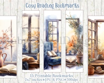 Cosy Reading Bookmarks: 15 Printable 2x7in JPG/PNG Designs (Digital Download)
