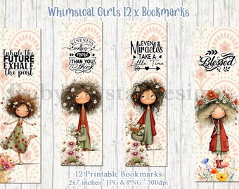 Whimsical Girls Bookmarks: 12 Printable 2x7ins JPG/PNG (Digital Download)