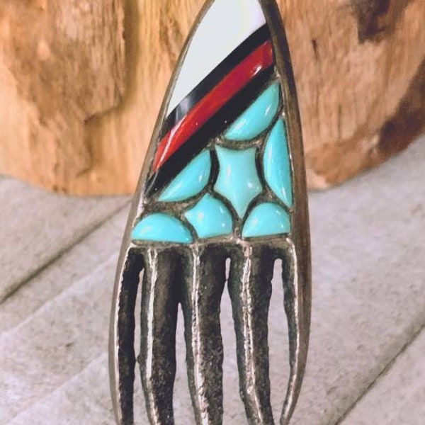Preston Monongye Hopi Sterling Silver Turquoise Badger Claw Pendant 3.5"