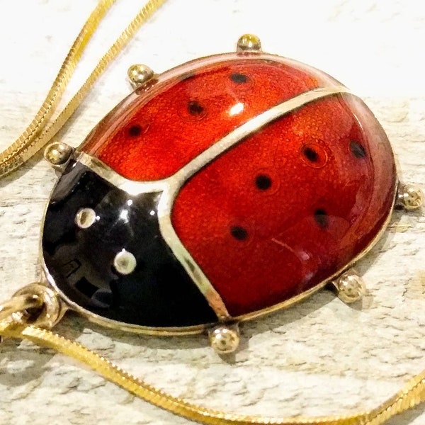 Vintage David Anderson Sterling Enamel Ladybug Pendant Necklace