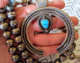 Big Heavy Old Pawn Navajo Turquoise Sterling Silver Squash Blossom Necklace