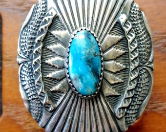 HEAVY 38g Sterling Silver Native American Deep Stamp work Signed Turquoise Ring *Huge* Ketoh Size 8.5