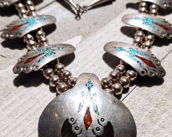 Heavy Native American Sterling Silver Turquoise Peyote Bird Squash Blossom Necklace