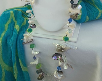 Mother Of Pearl Green Necklace hand knotted in gray silk thread, African Uranium Glass Jade Abalone With Sterling Silver Findings And Toggle
