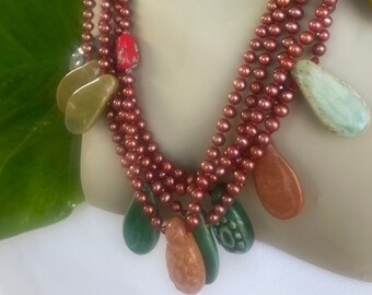 African Pearl Necklace, hand knotted in red silk, 5 strands of fresh water pearls, African Kazuri beads with Sterling Silver slide clasp
