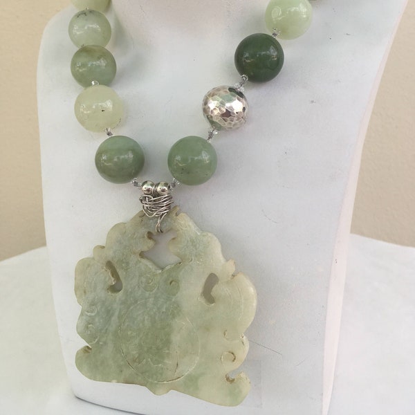 Jade Pendant Necklace, hand knotted,  21 mm New Jade, 3 inch by 3 inch, antique jade pendant with sterling silver findings and toggle