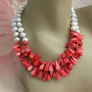 Coral Pearl Necklace handknotted in silk thread, 10 mm fresh water pearls, Coral Briolettes with sterling silver findings and toggle.
