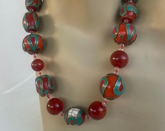 Carnelian Thai Necklace hand knotted in silk thread, 12 to 20 Carnelian, 20 to 24 vintage Thai beads with 14 k GF findings and toggle