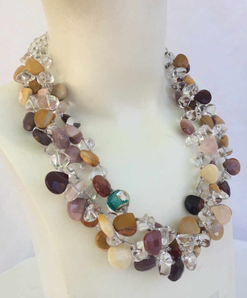 Handmade Mookaite Necklace, Triple Strand of Hand Knotted, Rock Crystal ...