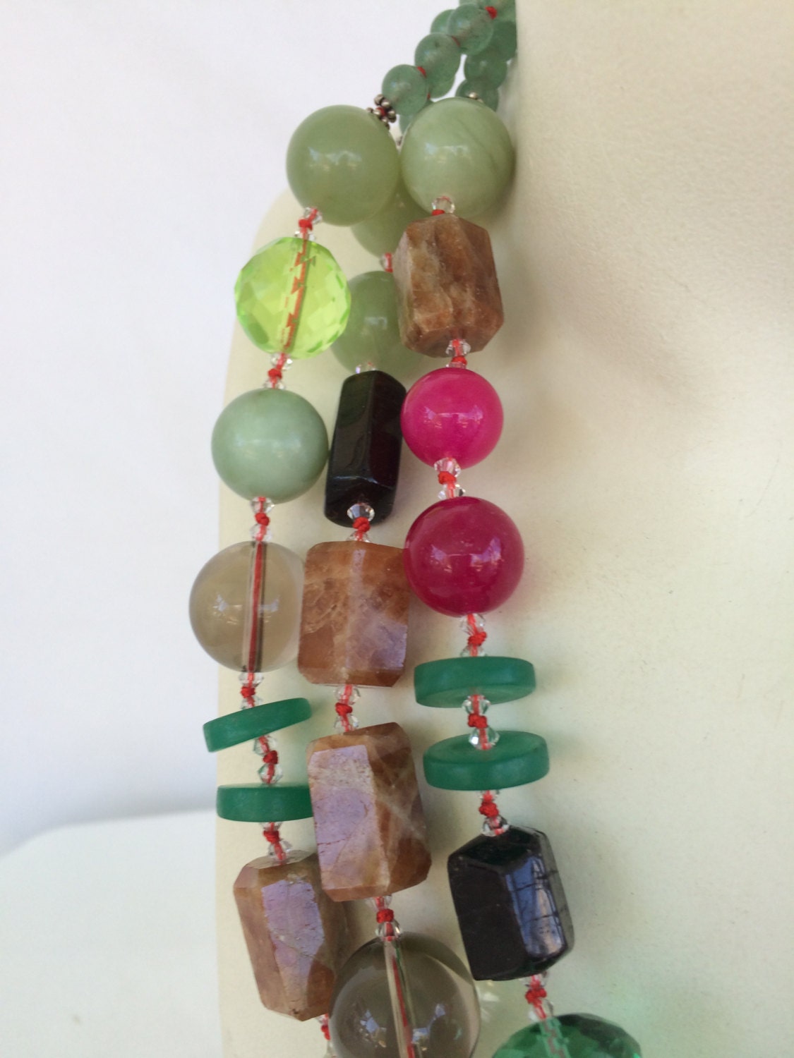 Pink Green Jade Necklace Handknotted in Silk Thread Triple Etsy UK