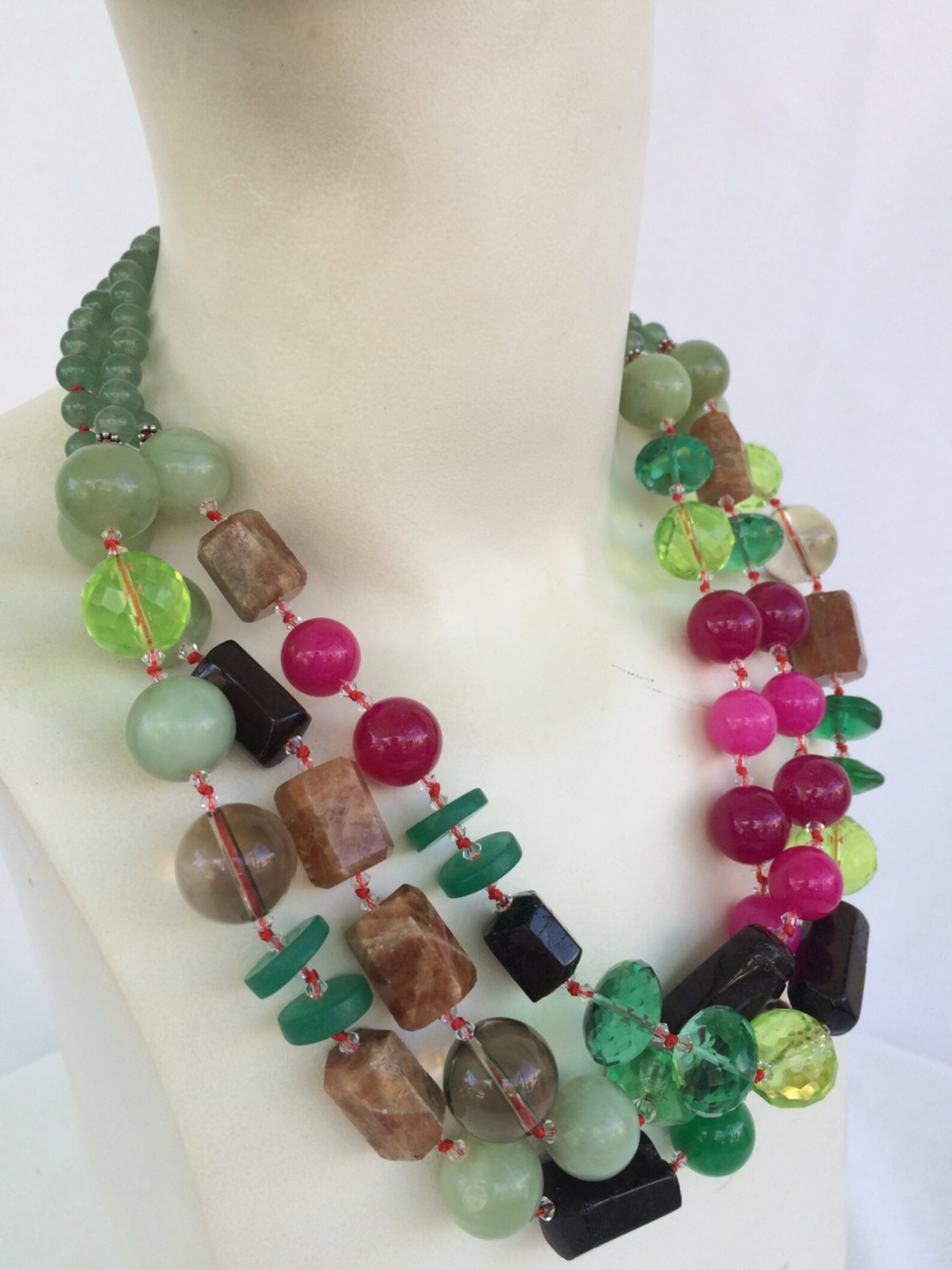 Pink Green Jade Necklace Handknotted in Silk Thread Triple Etsy UK