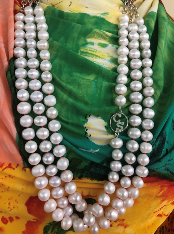 Pearl Sterling Necklace Triple Strand of Fresh Water Pearls Hand Knotted in Red Silk Thread Sterling Silver Chains With Sterling Findings Etsy