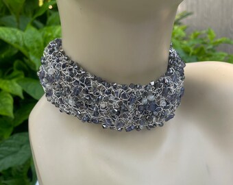Antique Bead Choker, sterling over copper wire, mesh woven and sculpted necklace, edged with antique beads, grey quartz and custom fastener.