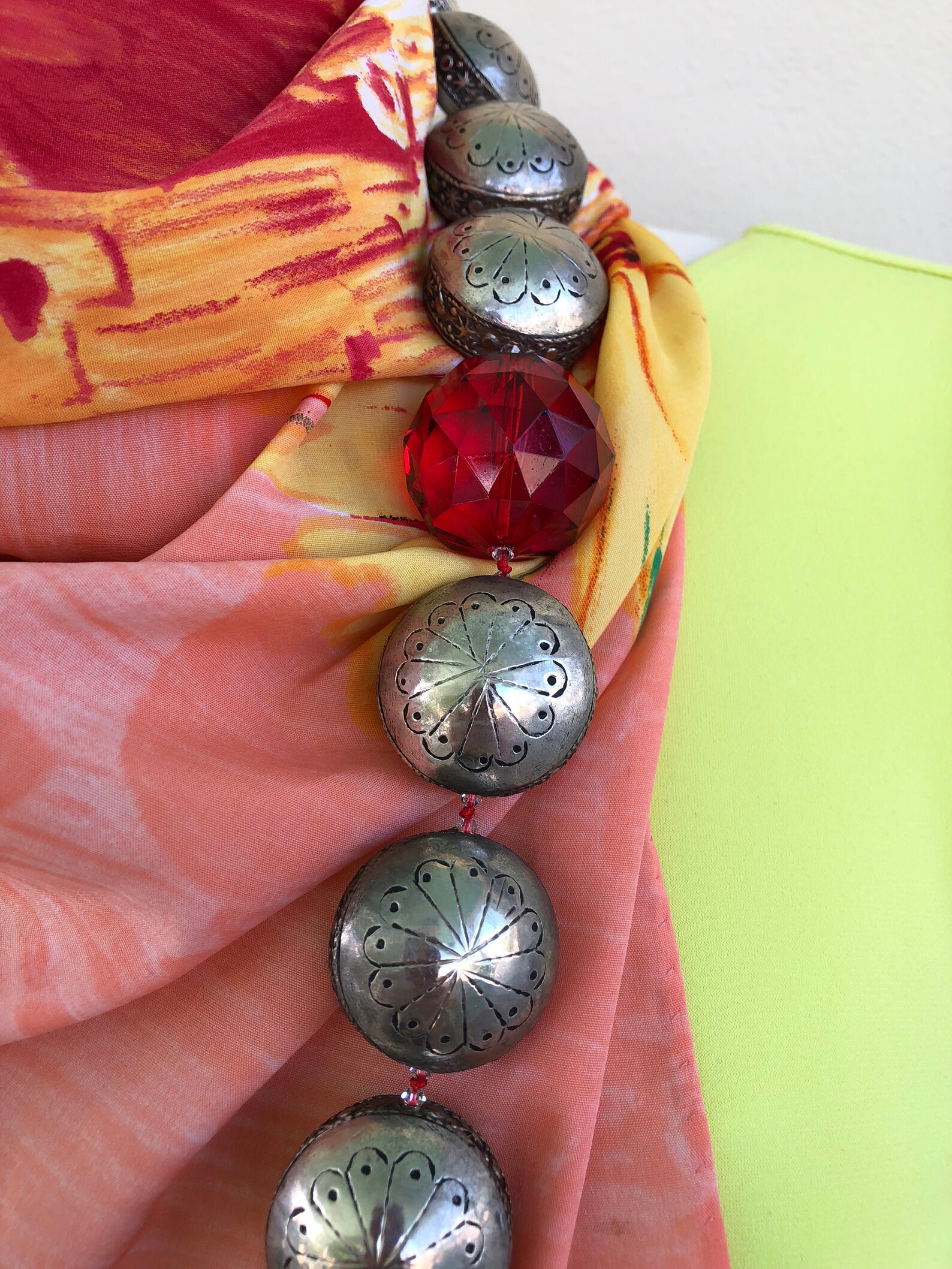 African Silver Beads, Hand Knotted in Red Silk, 30 Mm Vintage Embossed, African Silver Beads ...