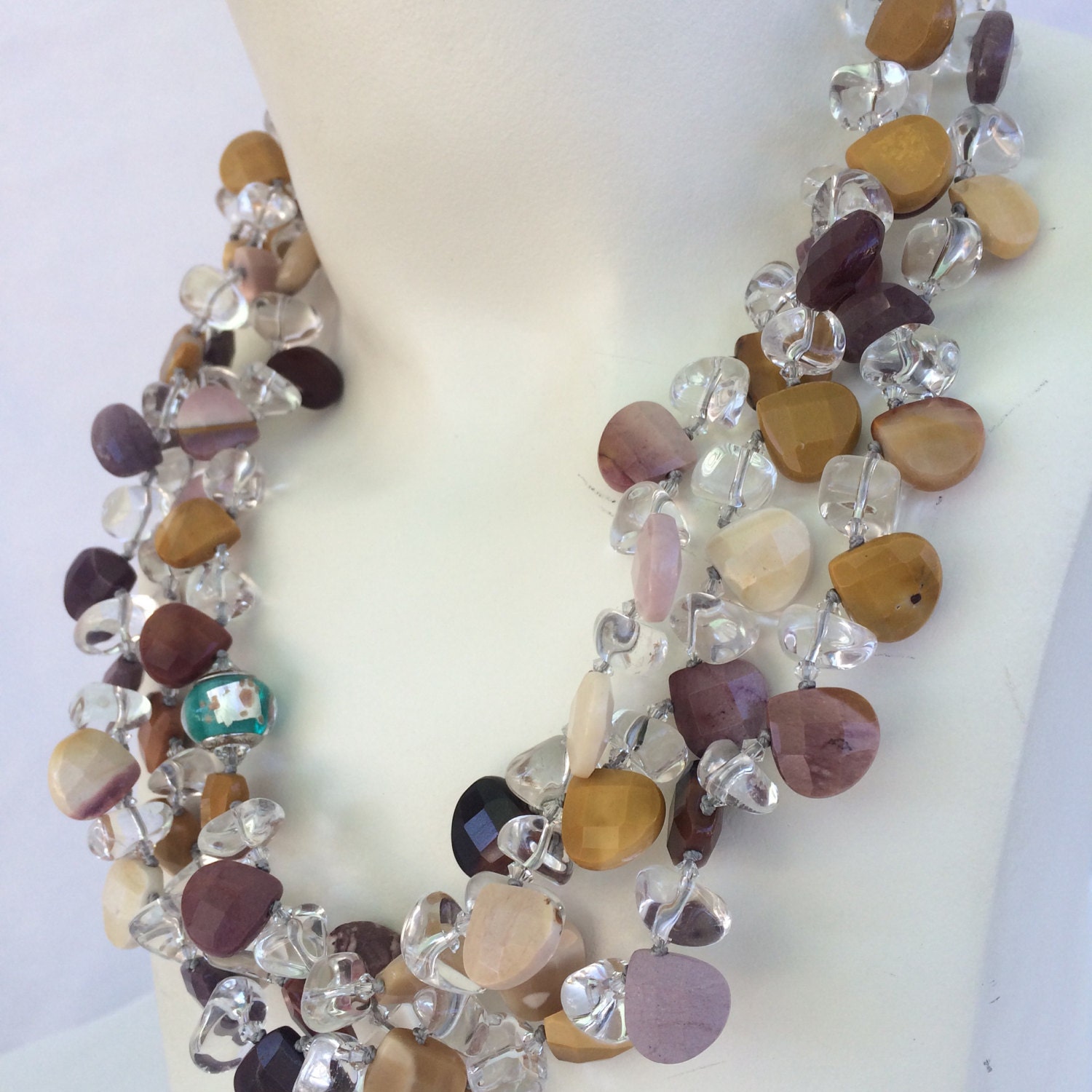 Handmade Mookaite Necklace, Triple Strand of Hand Knotted, Rock Crystal ...