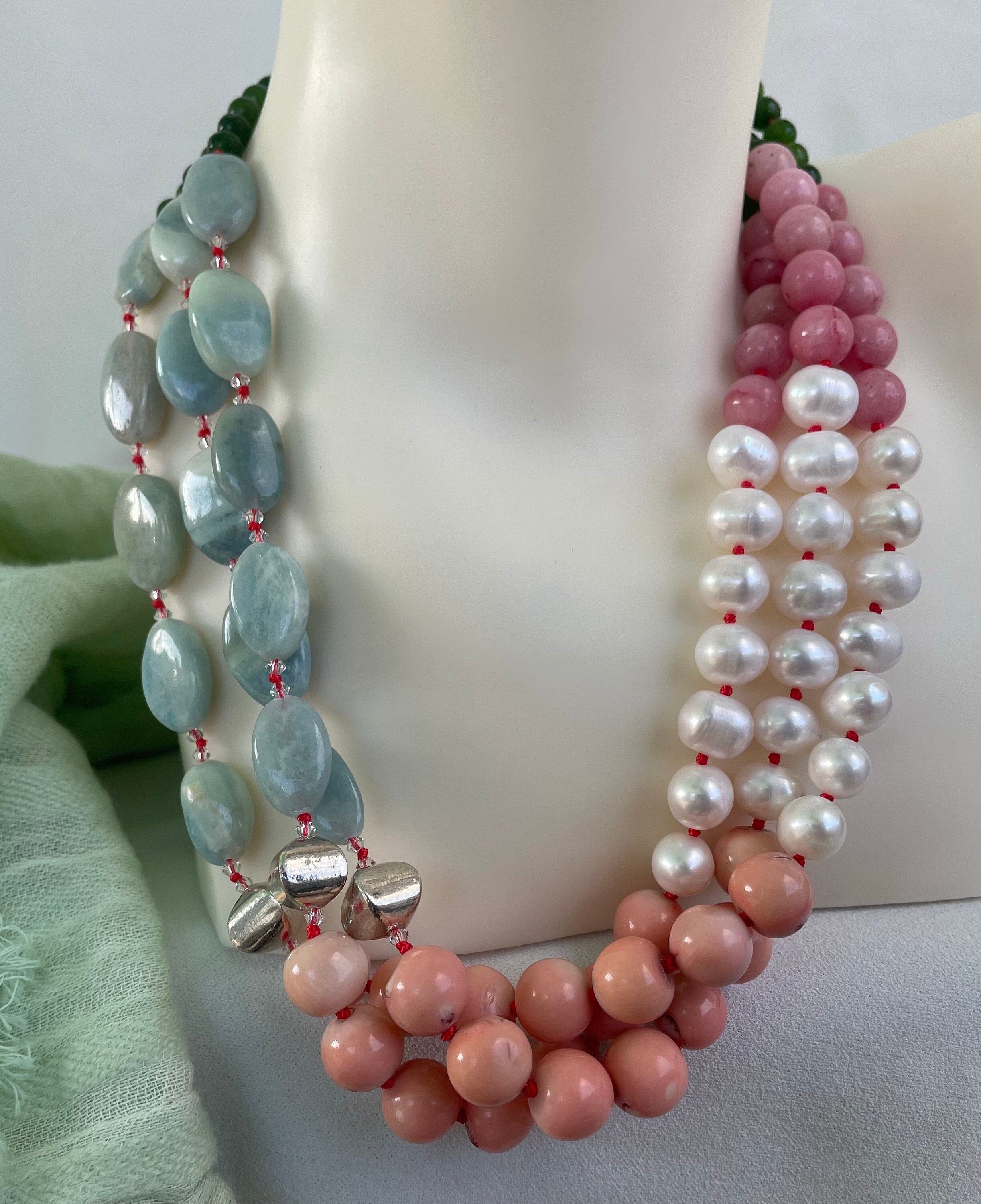 Aquamarine Jade Necklace Handknotted in Silk Thread, Fresh Water Pearls ...