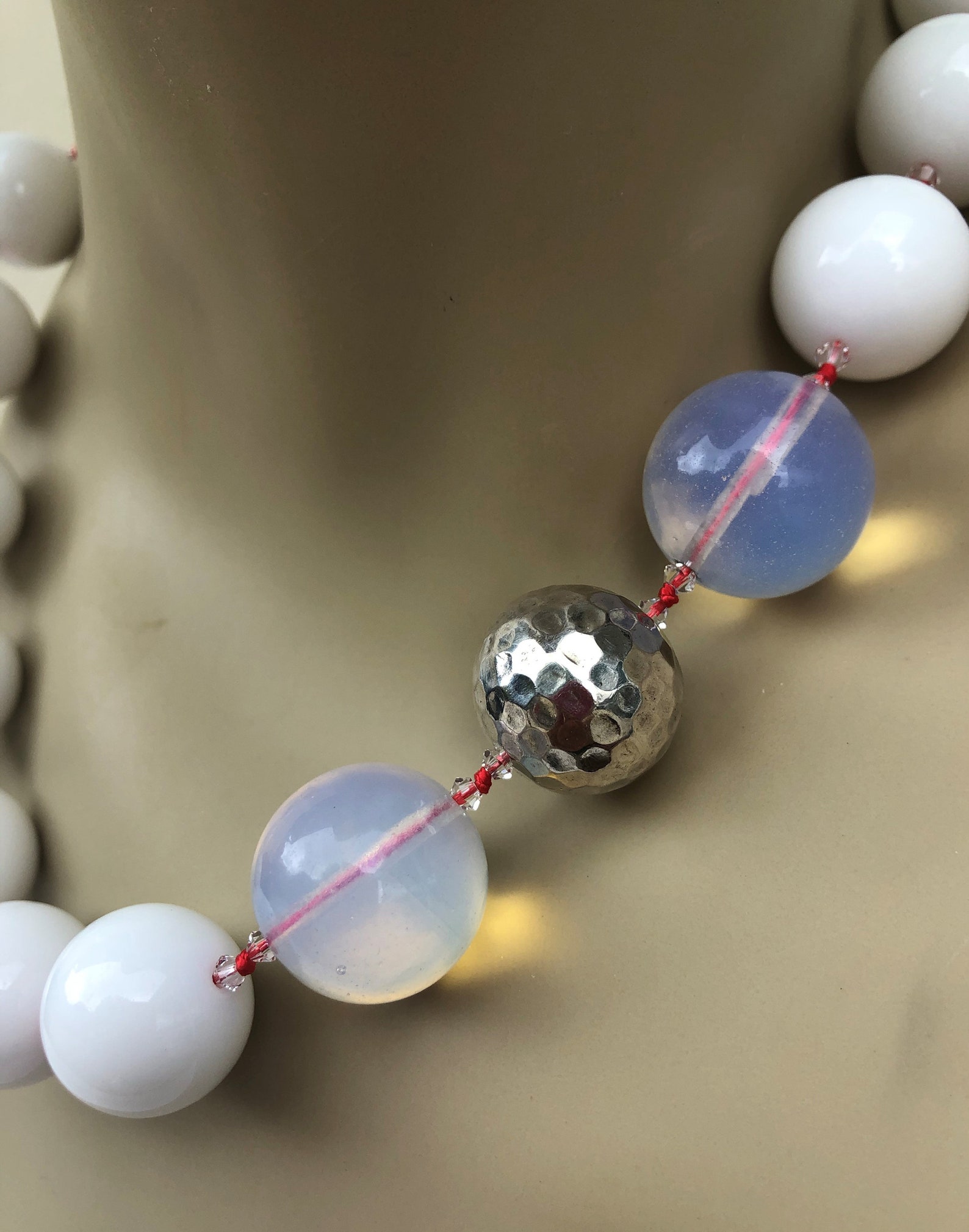 Opal Quartz Necklace Hand Knotted in Silk Thread 16 Mm White Etsy