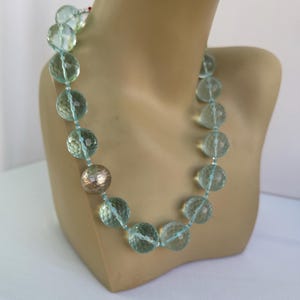 Aqua Quartz Necklace, 20 mm faceted aqua quartz, 20 mm faceted sterling silver ball, 6 mm rock crystal with sterling silver clasp.