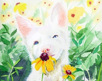 Fox Watercolor Painting, Daisy Flowers, Botanical Art, Wildlife