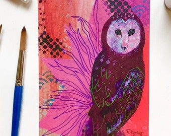 Pink Owl Painting, Colorful Print, Floral Design