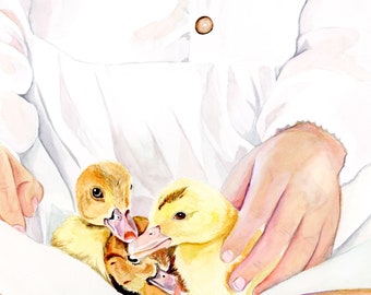 Duck and Child Watercolor, Giclee Print, Farmhouse Art, Christmas Gift