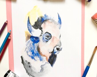 Midwest Gouache Painting of a Buffalo