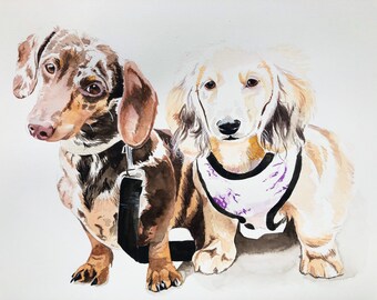 11x14 TRIPLE PET PORTRAIT, Watercolor painting from photo, Commemorative portrait, rainbow bridge, mans best friend