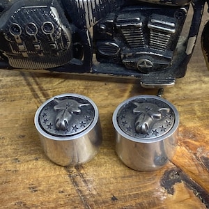 May include: Two silver motorcycle handlebar end caps with a bull's head design and a ring of stars around the edge.