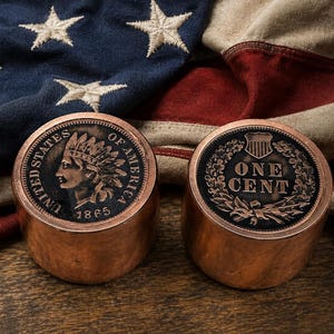 Pode incluir: Dois pesos de papel cilíndricos de cobre com moedas de um centavo Indian Head de 1865 incrustadas. Uma moeda mostra o perfil de uma pessoa com cocar e o texto United States of America, a outra uma coroa e o texto One Cent.