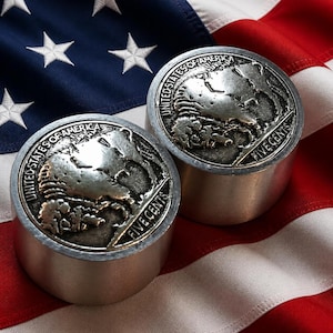 Op de afbeelding: Twee cilindrische metalen presse-papiers met een reliëfontwerp van de Amerikaanse Buffalo-nikkelmunt op de bovenzijde. Elk object toont de tekst United States of America en Five Cents rondom de afbeelding van de bizon.