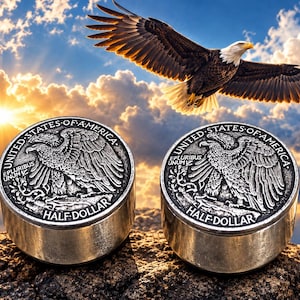 Könnte beinhalten: Zwei zylindrische Metallobjekte mit dem Reliefdesign einer US-amerikanischen Half-Dollar-Münze auf der Oberseite, einschließlich des Adleremblems und des Textes E PLURIBUS UNUM und HALF DOLLAR, vor einem Hintergrund aus Himmel.