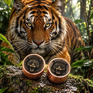 May include: Two circular copper-toned metal objects featuring a raised, detailed relief of a snarling tiger head on the face. The metallic surfaces have a textured, weathered appearance, and the tiger heads are depicted with bared teeth.