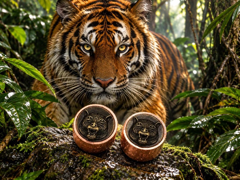 Pu&ograve; includere: Due oggetti metallici circolari color rame con un rilievo dettagliato di una testa di tigre ringhiante sulla faccia. Le superfici metalliche hanno un aspetto strutturato e usurato, e le teste di tigre mostrano i denti.