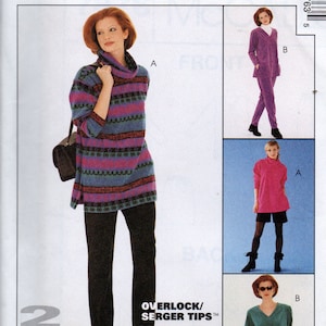 May include: A sewing pattern for two different outfits. The first outfit is a striped turtleneck sweater with black pants. The second outfit is a teal v-neck sweater with a matching skirt. The pattern is from McCall's Woman's Day Collection.
